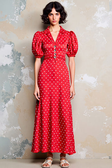 Red A Line Lapel Polka Dot Dress